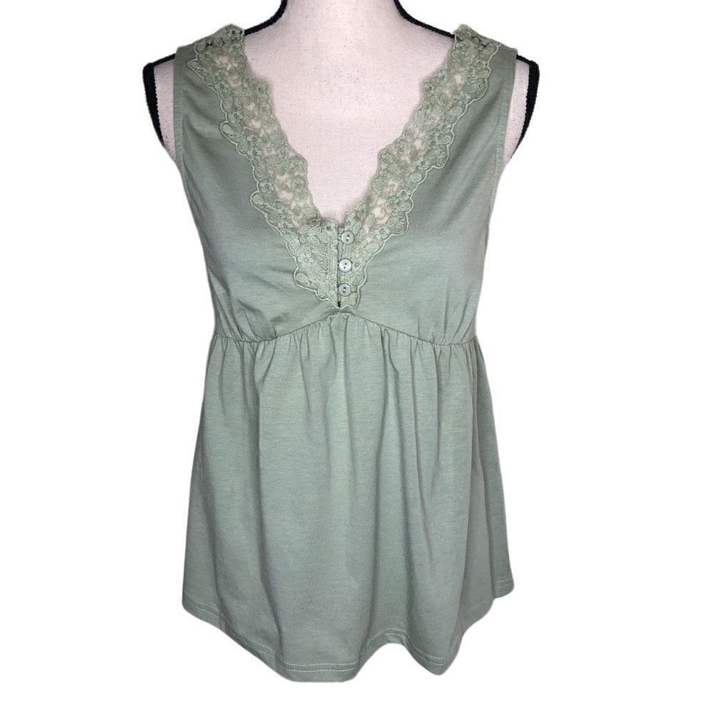 Heyson Celery Green Jersey Knit and Lace Y2K, Baby Doll Top Size S